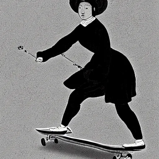 Image similar to lady skateboarding, high detail, 1 9 th century illustration by uijung kim