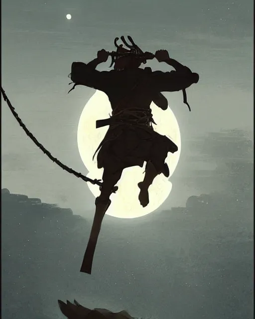 Image similar to '' Illustration a samurai breaking its chains, (night), (moon in the background), digital painting, artstation, concept art, sharp focus, illustration, art by greg rutkowski and alphonse mucha ''