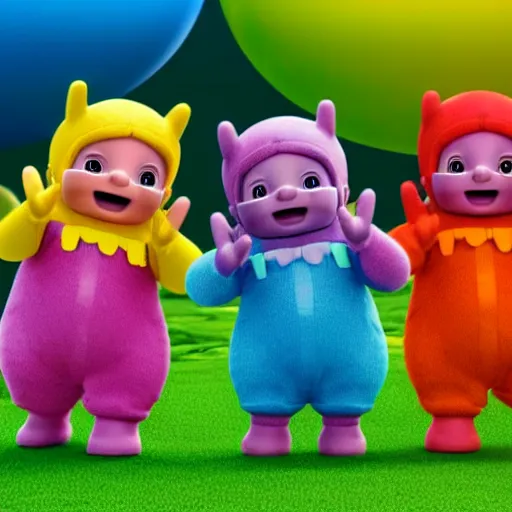 Prompt: Teletubbies with wide open eyes and smile, highly detailed, sharp focus, octane render, realistic eyes