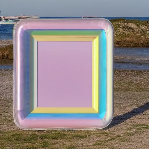 Image similar to a pastel colour high fidelity Polaroid art photo from a holiday album at a seaside with abstract inflatable parachute furniture, all objects made of transparent iridescent Perspex and metallic silver, no people, iridescence, nostalgic