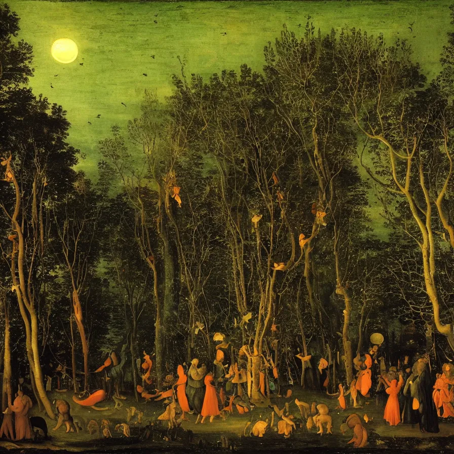 Image similar to renaissance painting of a night carnival around a magical tree cavity, with a surreal orange moonlight and fireworks in the background, next to a lake with iridiscent water, christmas lights, folklore animals and people disguised as fantastic creatures in a magical forest by summer night, masterpiece painted by jan van goyen, scene by night, dark night environment, refraction lights, glares