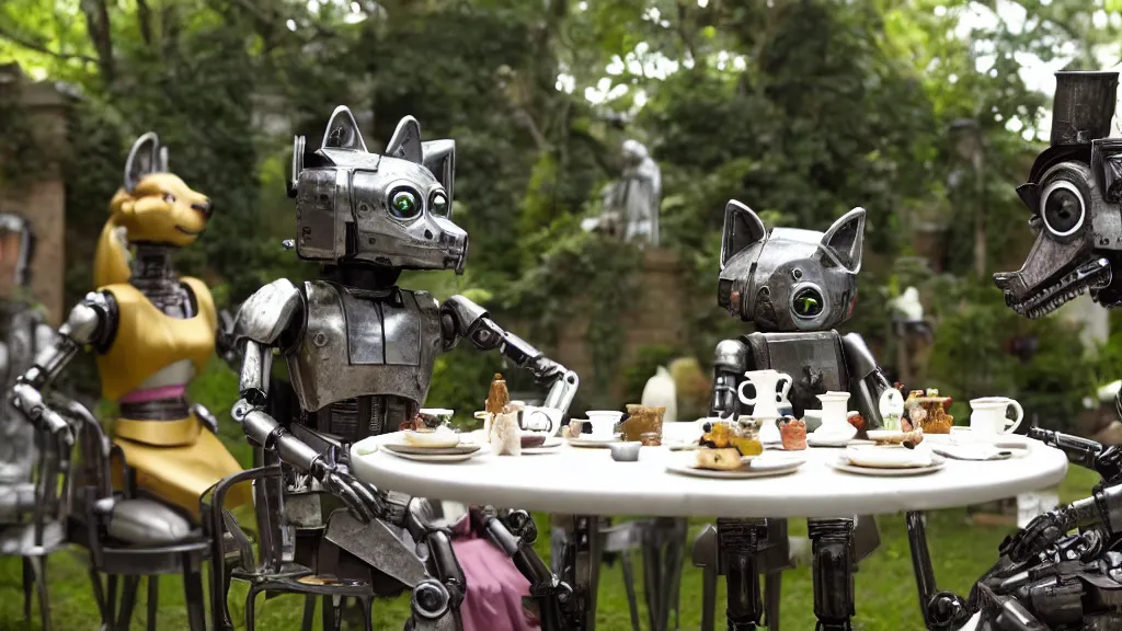 Prompt: film still from the movie chappie of the robot chappie shiny metal outdoor park plants garden scene bokeh depth of field several figures sitting down at a table having a delicious grand victorian tea party crumpets furry anthro anthropomorphic stylized cat ears wolf muzzle head android service droid robot machine fursona