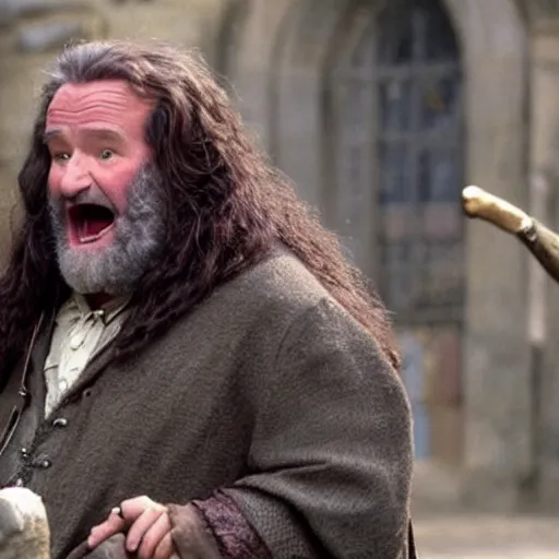 Image similar to Robin Williams playing Hagrid in Harry Potter, screenshot