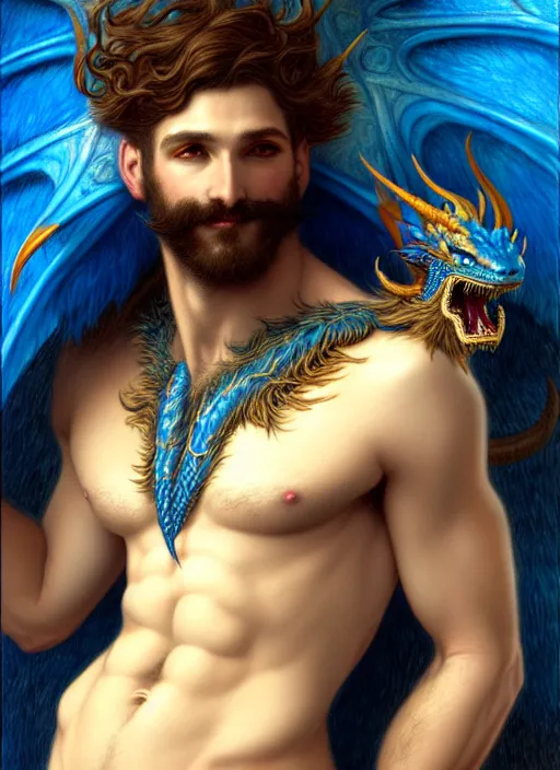 Prompt: artstation, intricate details, hyper details, by gaston bussiere and sandro botticelli, sexy anthropomorphic blue dragon husband, hairy chest, furry