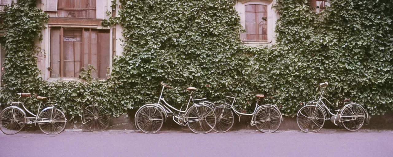 Image similar to growing!!!!! spaghetti!!!!! over ivy on a parisian side street, 1 9 5 0 s, canon 5 0 mm, bicycle, kodachrome, in the style of wes anderson, retro