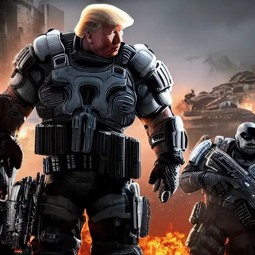 Image similar to Movie still of Donald Trump as ((the punisher)) in Gears of War, splash art, movie still, detailed face, photorealistic facial features, cinematic lighting, dramatic, octane render, long lens, shallow depth of field, bokeh, anamorphic lens flare, 8k, hyper detailed, 35mm film grain