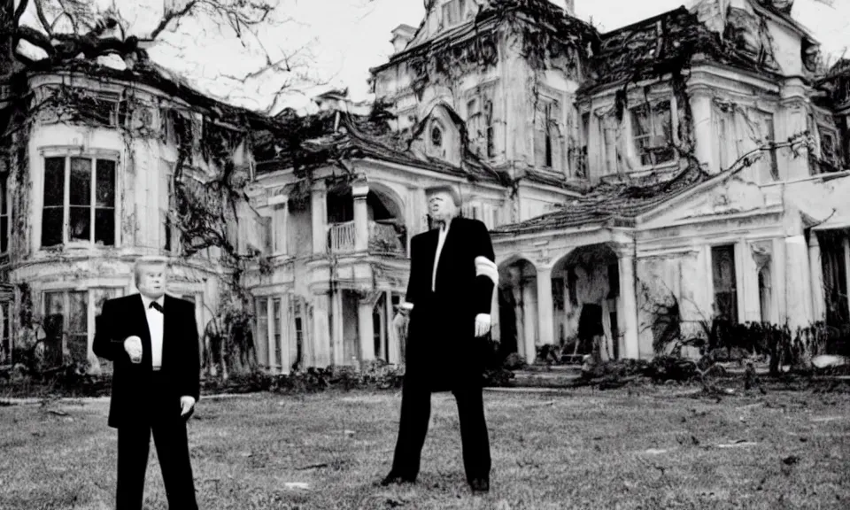 Image similar to 35mm film still, Resident evil, Donald trump in front of mansion, zombie, spooky, horror, old, dirty, reversal film stock