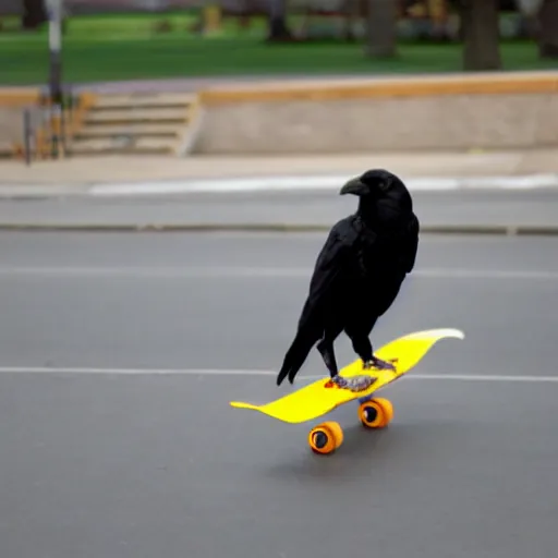 Image similar to a photo of a crow riding a skateboard