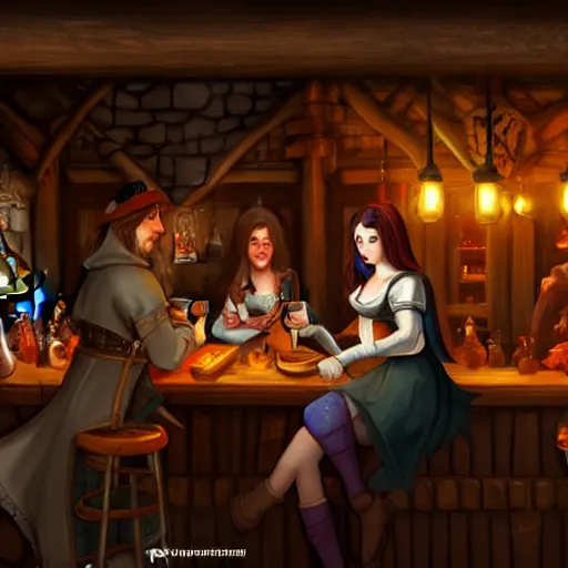 Image similar to medieval tavern with barmaid and patrons drinking, artstation, fantasy