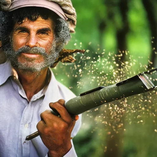 Image similar to closeup portrait of a man with a leafblower fighting a tree, by Steve McCurry and David Lazar, natural light, detailed face, CANON Eos C300, ƒ1.8, 35mm, 8K, medium-format print