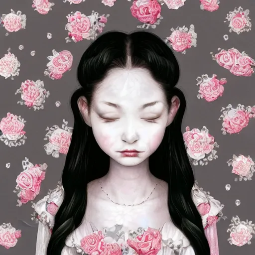 Image similar to renaissance, realistic, portrait of a creepy young lady pink cheeks wearing renaissance manga dress pale grey and white flowers skulls, background chaotic flowers