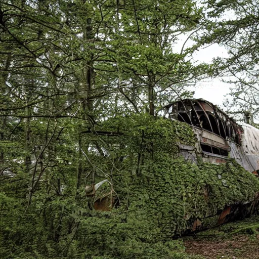 Prompt: abandoned spaceship deteriorating and overgrown