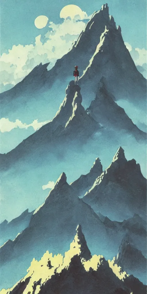 Image similar to an impossibly tall mountain that reaches the clouds, by vincent di fate nausicaa and ghibli