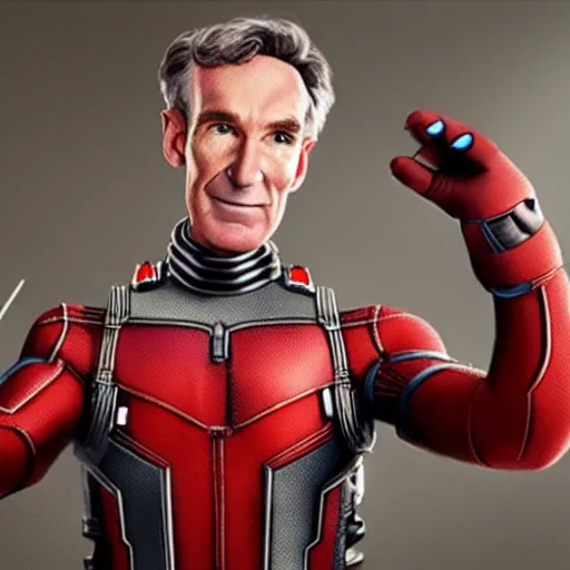 Prompt: Photorealistic art of Bill Nye as antman, full body, action shot, high definition, cinematic, realistic