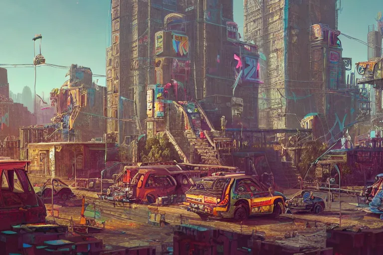 Prompt: hyperrealistic matte painting of aztec temples in a cyberpunk future environment with mechanical features and neon, graffiti, scaffolding, smog, destruction by filip hodas, beeple, 4 k, trending on cgsociety