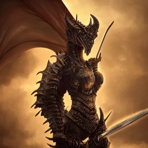 Image similar to highly detailed realistic stunning shot of a beautiful anthropomorphic female knight but as a hot dragon, doing a majestic pose, well detailed female dragon head, armor made of steel, sharp claws, HD octane render, epic cinematography, fantasy, Artstation, Deviantart, Furaffinity