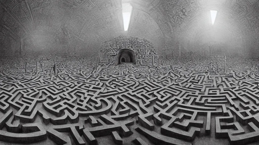 Prompt: a beautiful hyper realistic detailed matte painting of a confusing place where the perspective is a broken concept, the shape of this maze create the shape of a mad owl, dramatic lighting, dynamic lighting, cinematic lighting, dynamic lighting, cinematic lighting, lit by morning light, by maurits cornelis escher, black and white, featured on artstation, ultrawide angle