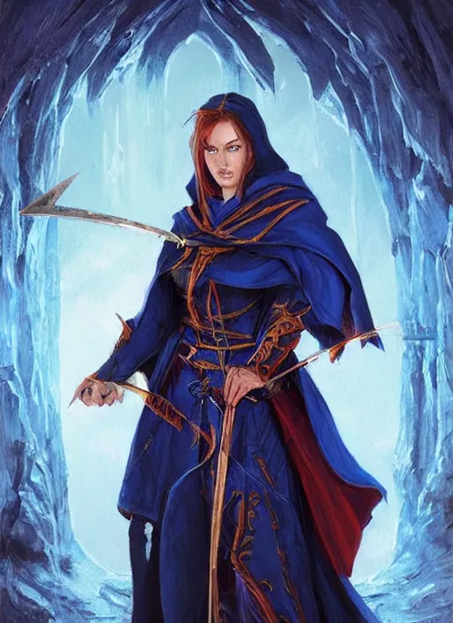 Prompt: dark blue cloak female priest, ultra detailed fantasy, dndbeyond, bright, colourful, realistic, dnd character portrait, full body, pathfinder, pinterest, art by ralph horsley, dnd, rpg, lotr game design fanart by concept art, behance hd, artstation, deviantart, hdr render in unreal engine 5