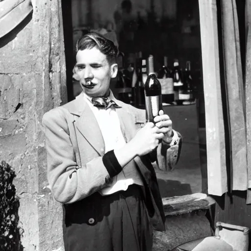 Image similar to a frenchman with a baguette and a bottle of wine in 1 9 5 0