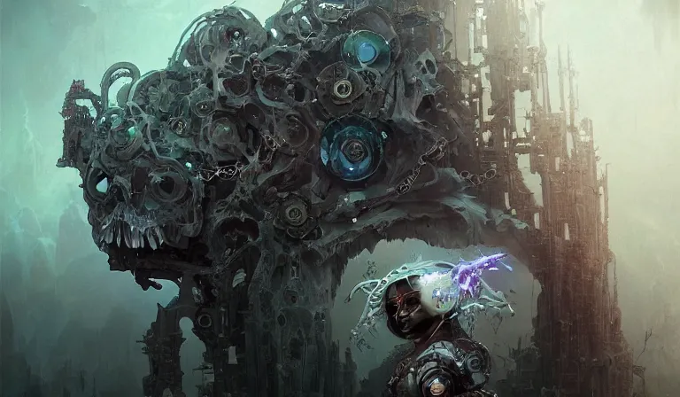 Image similar to muted ombre matte painting beautiful sinister alabaster neogothic skullpunk spirit doctor, tending to the iridescent enchanted intergalactic mecha garden, man machine chimeric beholder polyphemous power crystals psychotropic frequencies singularity artgerm wlop james jean andrei riabovitchev marc simonetti yoshitaka amano artstation, cgsociety