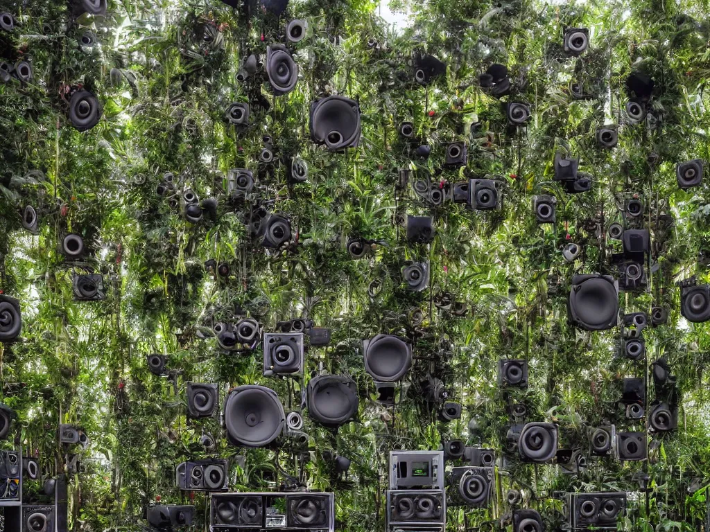 Image similar to an overwhelming and huge speaker stack pa sound system made from intertwining synthesizers and sound speakers and complex wires and led and intricate circuitry dominates a lush rain forest at sunset