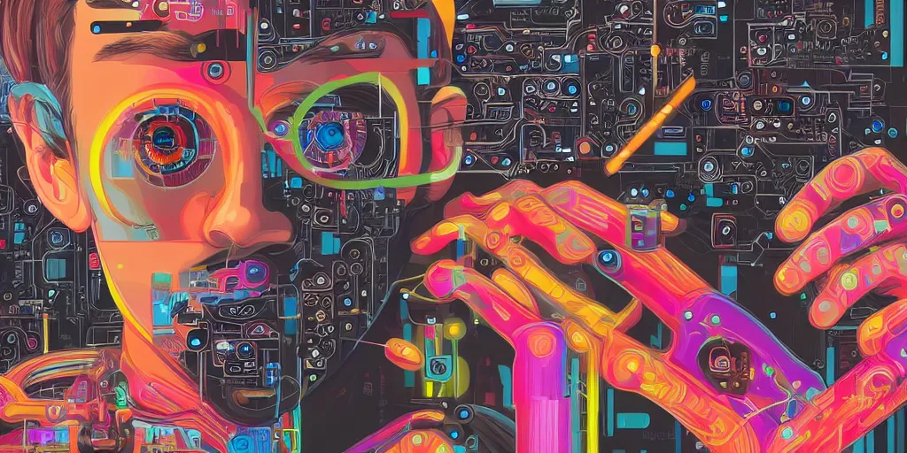 Prompt: portrait of computer & circuits, 8 k, by tristan eaton, trending on deviantart, face enhance, hyper detailed, minimalist, cybernetic, android, blade runner, full of colour, super detailed