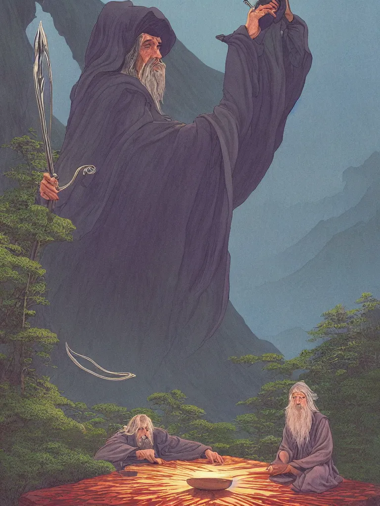 Image similar to an image of george harrison as gandalf from the lord of the rings, taking mind altering drugs, dreaming psychedelic hallucinations in the vast rivendell landscape, by kawase hasui, moebius, edward hopper, colorful flat surreal design, dramatic lighting, hd, 8 k, artstation