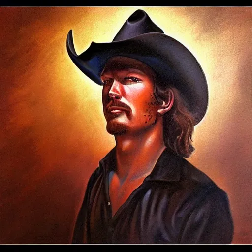 Prompt: portrait of Morgan Wallen cowboy artwork by boris vallejo