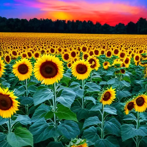 Prompt: A field of sunflowers glowing at night scenic, beuatiful, photo, 8K