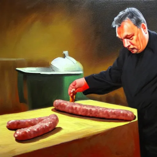 Image similar to viktor orban making sausage, oil painting