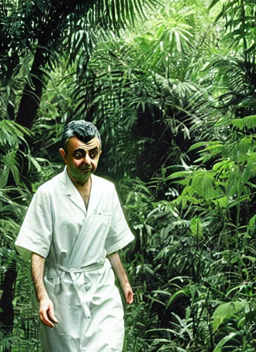 Image similar to award - winning national geographic telephoto photograph of rowan atkinson wandering through the jungle in a hospital gown. rowan appears visibly confused and lost