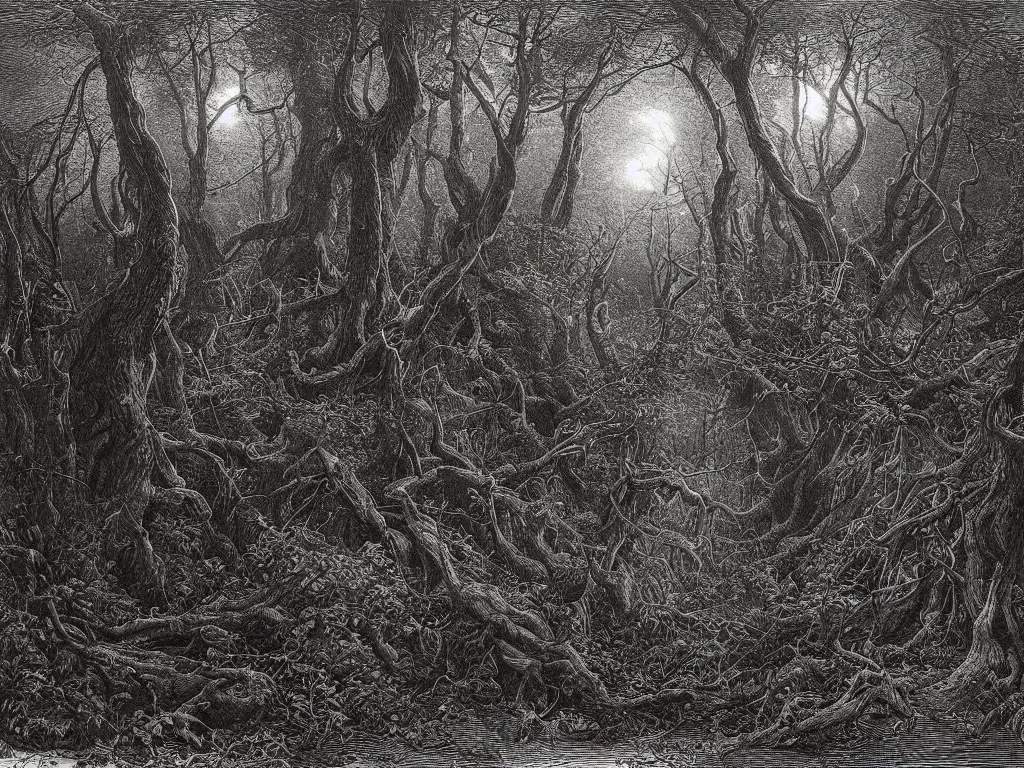 Prompt: an engraving of the interior of a tangled forest at night, wistman ’ s wood by gustave dore, john blanche, ian miller, highly detailed, strong shadows, depth, illuminated focal point