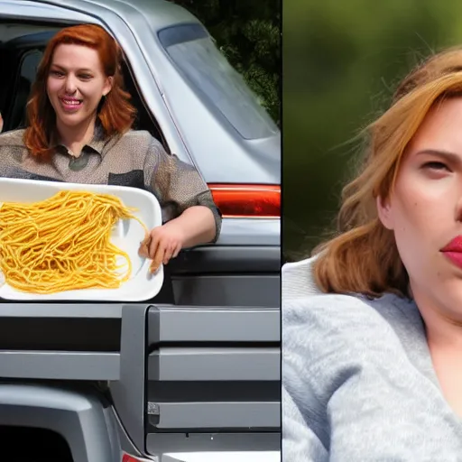 Image similar to fat scarlett johansson sitting in truck bed eating spaghetti