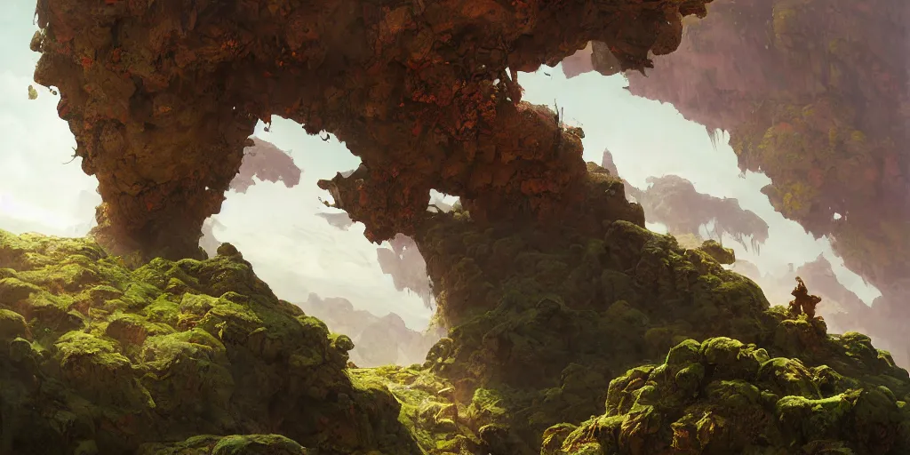 Prompt: bytopia planescape huge cave ceiling clouds made of green earth inverted upsidedown mountain artstation illustration sharp focus sunlit vista painted by ruan jia raymond swanland lawrence alma tadema zdzislaw beksinski norman rockwell tom lovell alex malveda greg staples