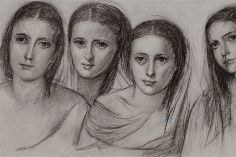 Prompt: pencil sketch, four female figures, by zinaida serebriakova.
