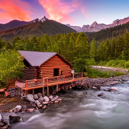 Prompt: DSLR still of a beautiful mountainside river with a pier and a log cabin at sunset, 4k