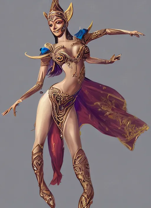 Image similar to a highly detailed illustration of a masked elegant elf arabian dancer, gracefully belly dancing pose, waving both arms, slim model body, intricate, elegant, highly detailed, centered, digital painting, artstation, concept art, smooth, sharp focus, league of legends concept art, WLOP