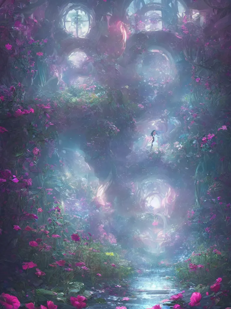 Prompt: a dream flower garden environment where one draws mystical energy into their lives, background art, pristine concept art, symmetrical in the style of WLOP and Ross Tran