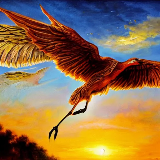 Image similar to a pancake with wings, flapping its wings flying in sunset sky, oil on canvas, portrait, intricate, 8k highly professionally detailed, HDR, CGsociety