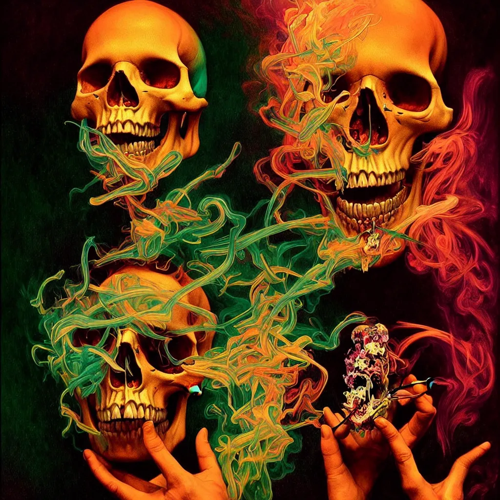 Prompt: bright psychedelic photo of BILL HICKS SKULL SMOKING, diffuse lighting, fantasy, intricate, elegant, highly detailed, lifelike, photorealistic, digital painting, artstation, illustration, concept art, smooth, sharp focus, art by John Collier and Albert Aublet and Krenz Cushart and Artem Demura and Alphonse Mucha