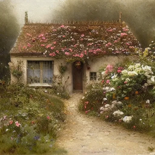 Image similar to (((((((victorian english cottage with a stone path and a flower garden))))))) . muted colors. by Jean-Baptiste Monge !!!!!!!!!!!!!!!!!!!!!!!!!!!!!!!!!!!!!!!!