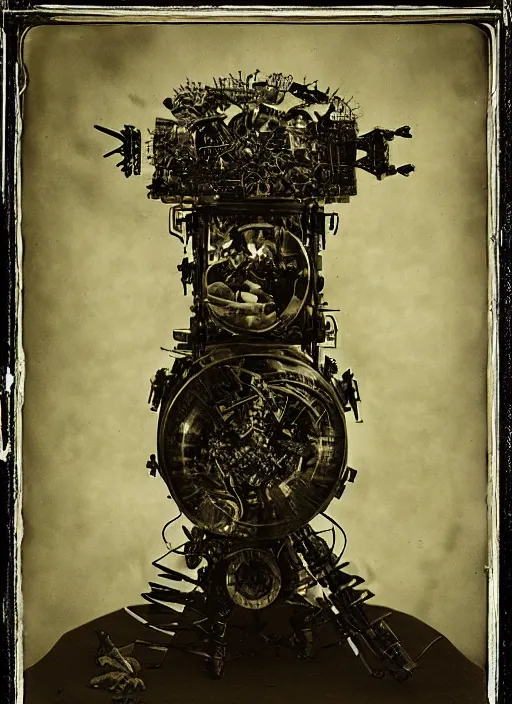 Prompt: old wetplate daguerreotype birth of a futuristic cyborg in times of eternal summoning, fractal, intricate, elegant, highly detailed, parallax, leica, medium format, subsurface scattering, by jheronimus bosch and greg rutkowski and louis jacques mande daguerre