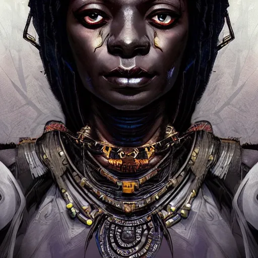 Prompt: a dark and ominous african queen with glowing eyes, a black diamond in her forehead, and jewelry made of bones, magic circles, magic vortex, Apex Legends character digital illustration portrait design, by android jones and greg rutkowski in a cyberpunk voodoo style, detailed, cinematic lighting, wide angle action dynamic portrait