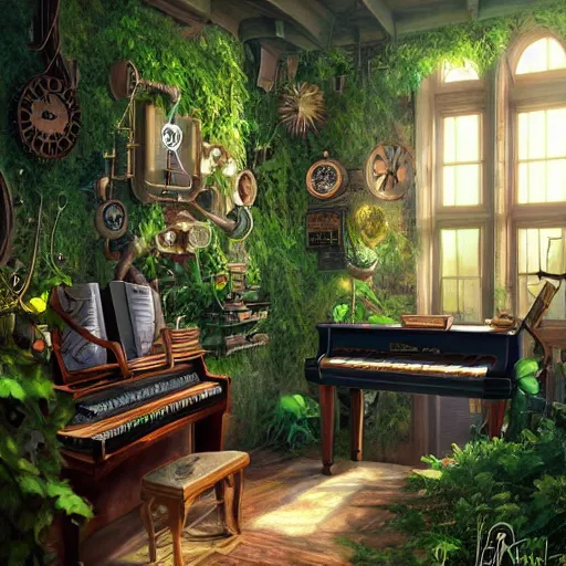 Prompt: very tidy steampunk home office overseeing a magical portal, lush plants, piano, guitar, synthesizer, beautifully lit, very detailed painting, hyperrealism, trending on artstation