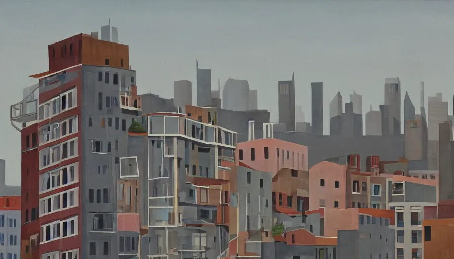 Prompt: american city, modern times, a weird apartment, four stories high, with a huge water tank on the roof. the color of the picture is gray, and the painting style is retro