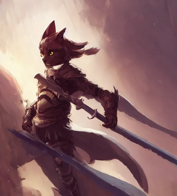 a cat warrior wearing armor holding a sword,, Stable Diffusion