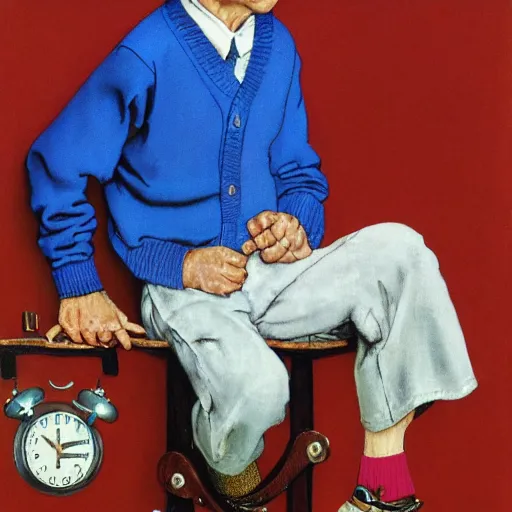 Image similar to norman rockwell painting of mr. rodgers wearing a blue cardigan