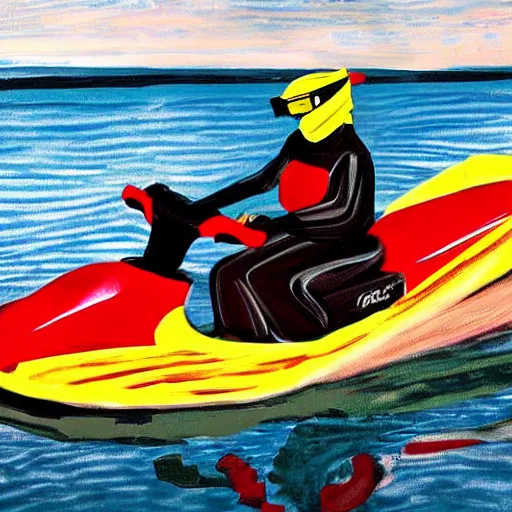 Prompt: digital art of a chicken on a jet ski, realistic, stylized, artstation, edward munch