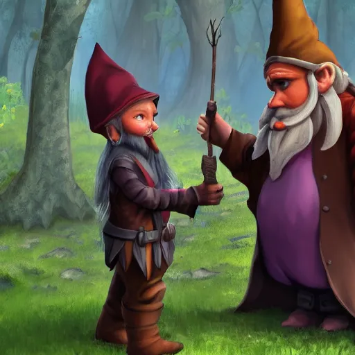 Image similar to fantasy gnome meeting a human for the first time, ultrarealistic