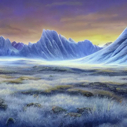 Image similar to A professional digital landscape painting of a vast wintery tundra with peaking mountains in the background, painted by Terese Nielsen, 4k, digital art, trending on cgsociety, highly detailed, upper body shot, shallow depth of field, purple and yellow lighting, professional lighting, airbrush,